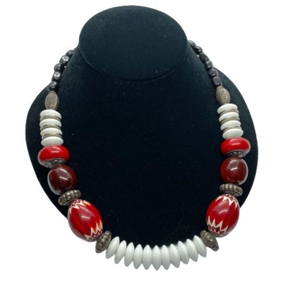 Unique Vintage Gemstone & Plastic Bead Necklace with Sterling Silver Heart Clasp
